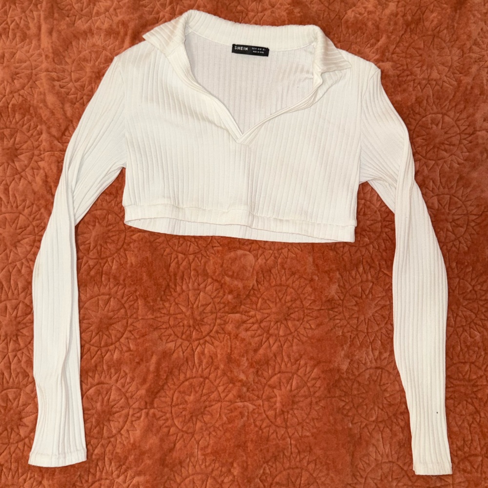 SHEIN White Long Sleeve Polo Crop Top